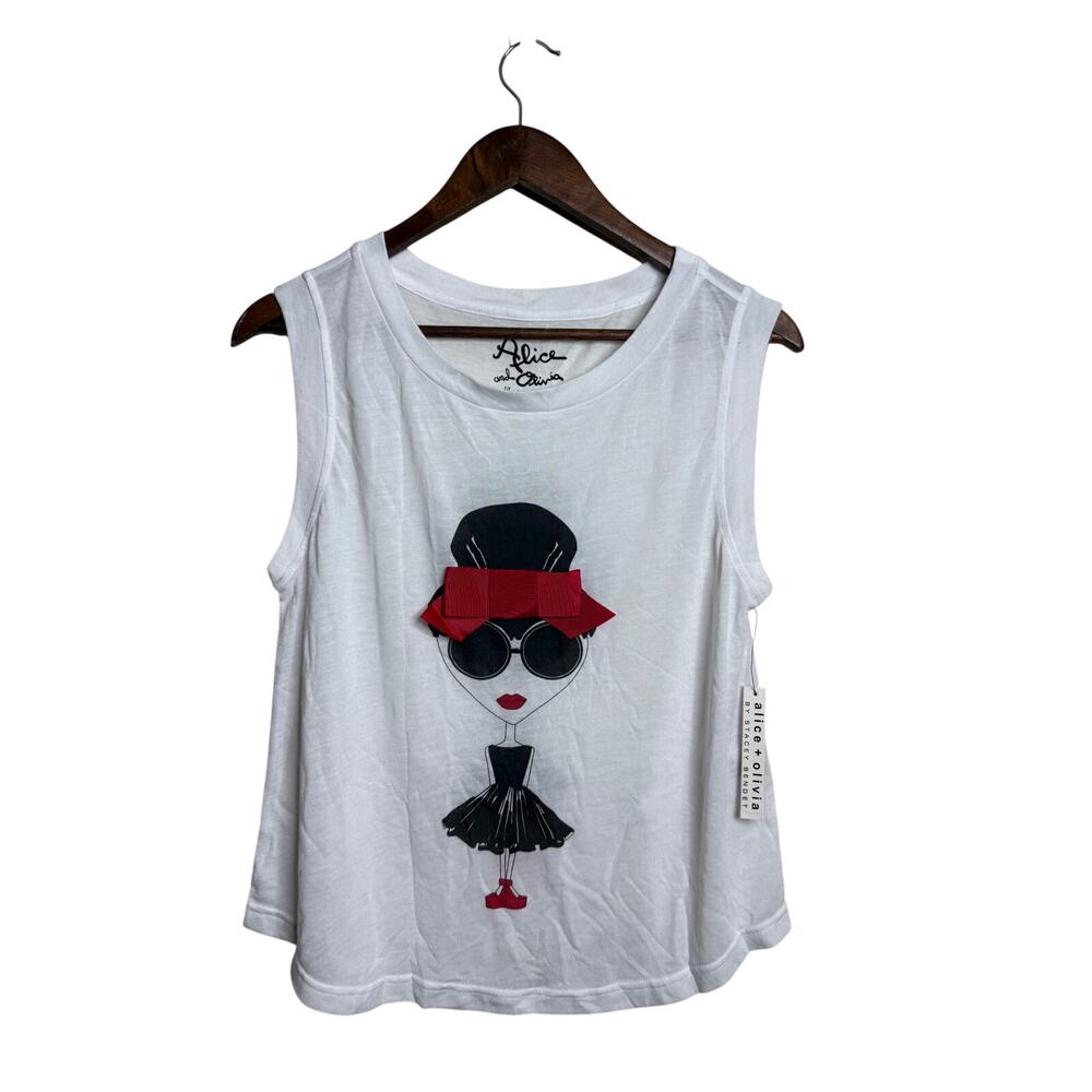 Alice + Olivia Stace Face Graphic Bow Sleeveless White Tank size M/L NWT